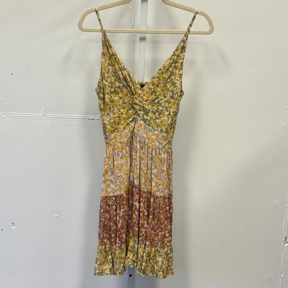 Angie‎ Floral Patchwork Smocked Back Tiered Ruffle Mini Dress Medium Multi-Color